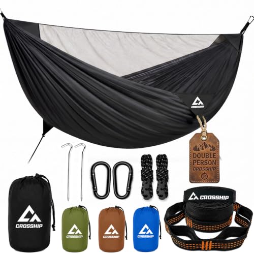 Image of 2 Adults Camping Hammock with Mosquito Net | Portable, 500 lbs Hammock, 2-in-1 Double Camping Hammock, with Tree Straps, Guy Lines & Stakes, Hiking, Backpacking, Black