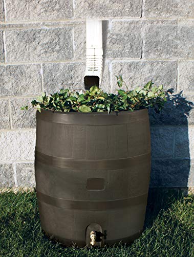RTS Home Accents Round 35-Gallon Rain Barrel with Brass Spigot and Built-In Planter, Mud