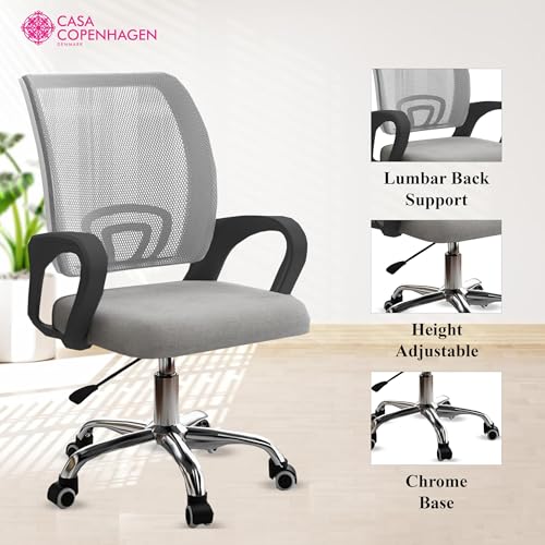Image of Casa Copenhagen Mesh Mid Back Office /Study /Computer /Revolving /Desk Chair for Work from Home -Metal Base, Height Adjustable Seat - Milange Grey & Black Handle