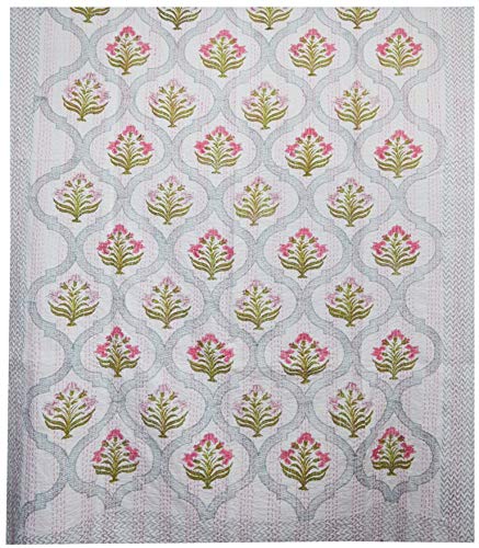 YUVANCRAFTS Colcha de algodón con estampado de bloques indios, tamaño Queen, Kantha, colcha Kantha, colcha de algodón, colcha bohemia Kantha (blanco, tamaño individual de 90 x 60 pulgadas)