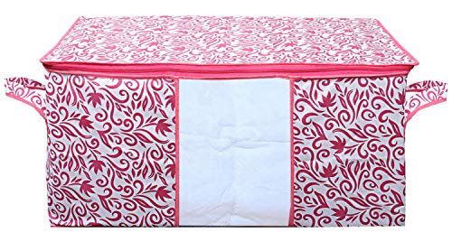 Image of Kuber Industries Leaf Design Non Woven 4 Pieces Underbed Storage Bag, Storage Organiser, Blanket Cover (Pink)-CTKTC025729
