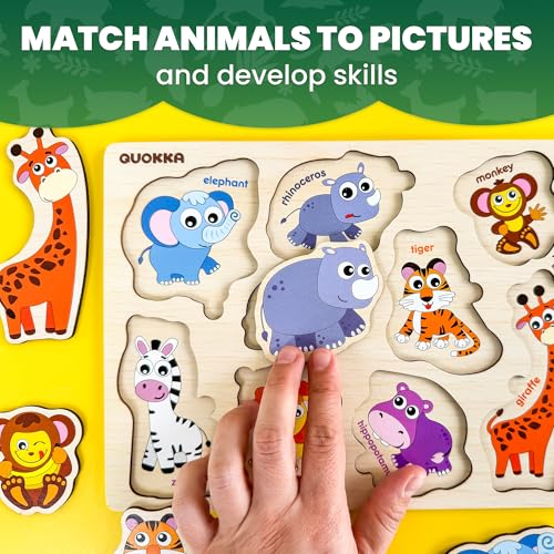 QUOKKA Wooden Puzzles for Toddlers 1-2 – 4 Set Pegged Puzzles for Kids Ages 1-2 – Animal Safari Learning Toy for Kids – Gift Realistic Educational Game for Boy and Girl