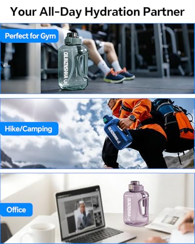 Image of Half Gallon (54 oz) Tritan Sports Water Bottle with 2-in-1 Leakproof Lid (Straw & Chug Cap) and Handle for Gym, Travel, Hiking - BPA Free (Multiple Colors)