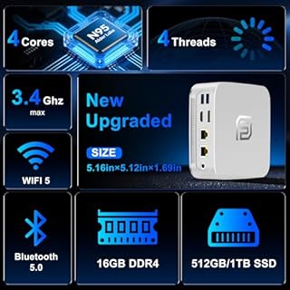 FUNYET Mini PC Laptop,Win 11 Pro,16 GB de RAM DDR4, SSD de 512 GB, PC Portatile Procesador N95 (hasta 3,4 GHz), HDMI+RJ45x2/DisplayPort/WiFi5+Bluetooth 5.0/USB 3.2,Supporto 4K, Blanco