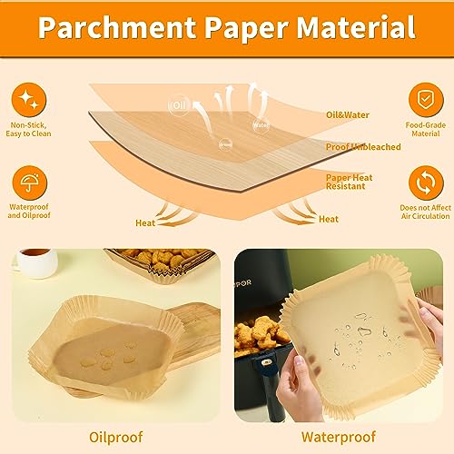 Image of Air Fryer Liners Disposable Square for Ninja AF141 AF142 5Qt /Ninja AF181 AF182 6.5Qt, 100PCs 7.9in Non-stick Oil-proof Parchment Cooking Paper for Gourmia /Cosori /Chefman 5-8Qt Airfryer /Media 11 Quart