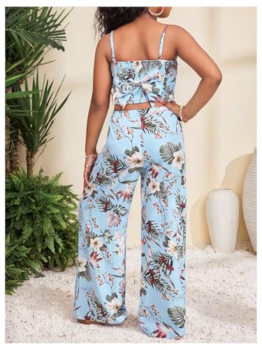 Image of Floerns Girl's 2 Piece Outfit Hawaiian Tropical Crop Cami Tops and Boho Pants Set