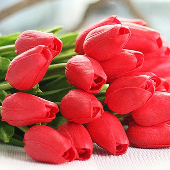 Image of CosaCentrum Beautiful Decorative Artificial Tulip Flower Bunches for Home decor (Red, Pack of 7)