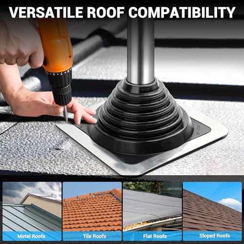 Aothotop Metal Roof Pipe Flashing, Silicone Pipe Flashing Boot, High Temp Flexible Roof Pipe Boot, Pipe OD 0.25\"-5.75\", Square Base 8\" x 8\", Roofing Screws & Hex Socket Included, 2 Pack - Thumbnail 7