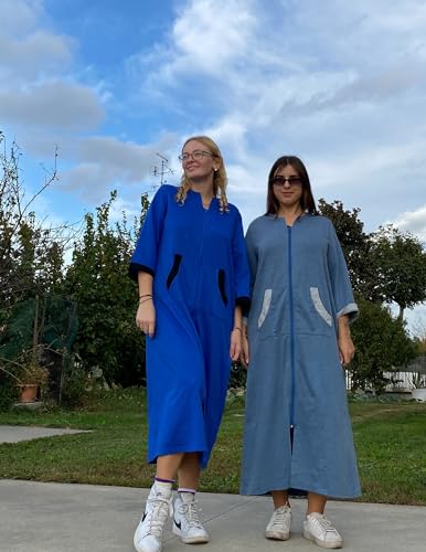 Image of Ekouaer Women Zipper Robe 3 /4 Sleeves Loungewear Dress Full Length Sleepwear Pockets Housecoat Nightgown Long Bathrobe