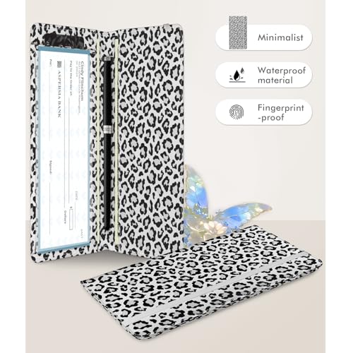 Image of Checkbook Cover for Men Women, Premium Leather Checkbook Holder with RFID Blocking and Built in Clear Plastic Divider for Personal and Business Checks (Leopard-White)
