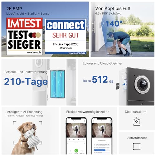 Tapo D235 Video-Türklingel Akku/Festverdrahtet (Video Doorbell) | Türklingel mit Kamera, 2K 5MP, Farbe Nachtsicht, 180° ultrabreiten Sichtfeld, 10000 mAh Nicht entfernbarer Akku, Mit Chime, Alexa – Bild 3