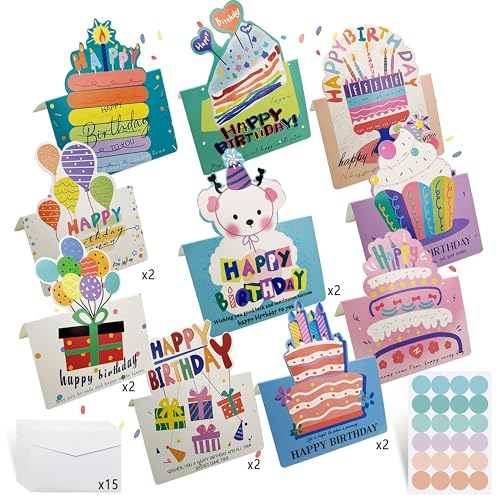 Xcdhemde 15 Pcs Biglietto Auguri Compleanno, 10 Diversi Disegni, Biglietto Auguri, Pieghevoli Cartolina Compleanno, Adatto a Persone di Diverse Fasce D'età, Con 15 Busta