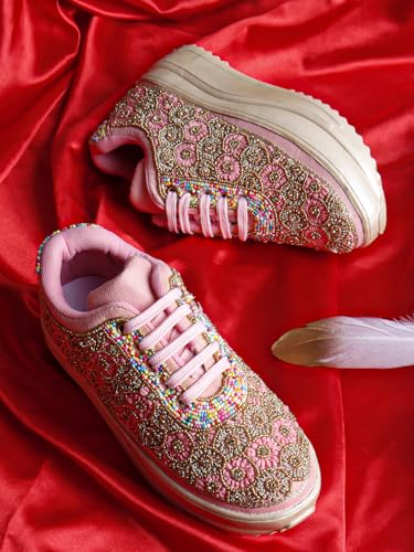 Image of Vendoz Women Hand Embroidery Wedding Party Bridal Floral High Heel Sneakers I Cushioned Insole I Comfortable Wear Wedge Shoes I for Ladies and Girls