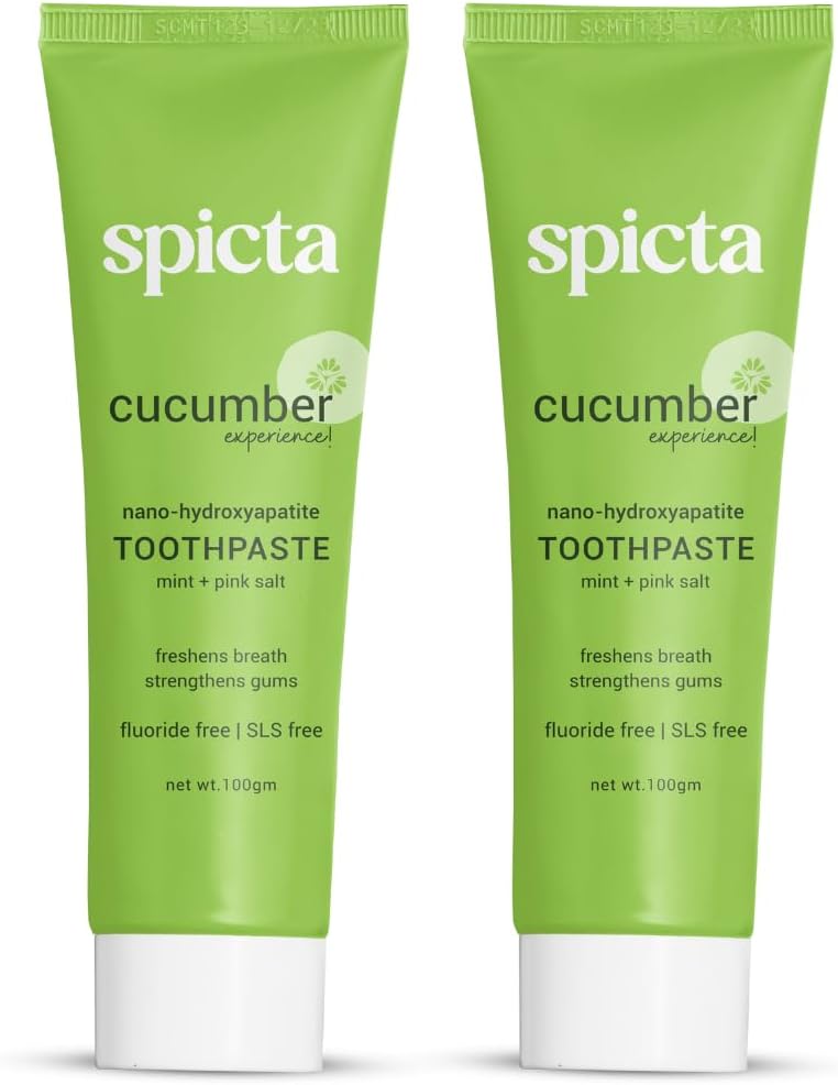 Spicta Cucumber Mint Natural Hydroxyapatite Toothpaste 125gm (Pack of 2) | Teeth Whitening, Plaque Remover, Fresh, Herbal Toothpaste with Salt, Baking Soda I Fluoride Free, SLS Free Toothpaste for Adults & Kids