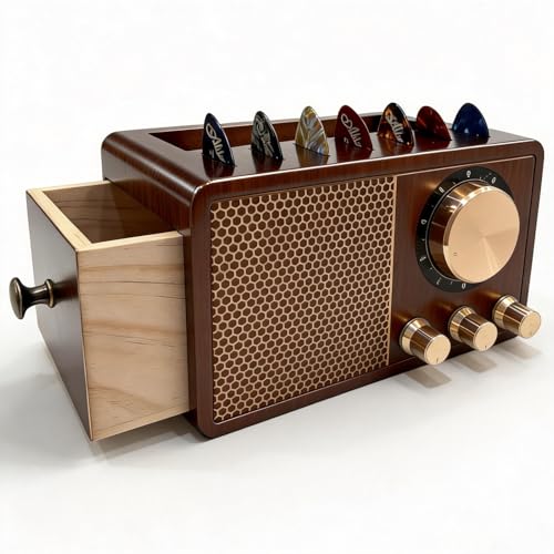 cxtyerak Wooden Guitar Pick Holder for Picks Storage Retro Radio Design Solid Wood Compact Portable Organizer for Acoustic/Electric/Classical Guitars Gift for Guitar Players Guitarists