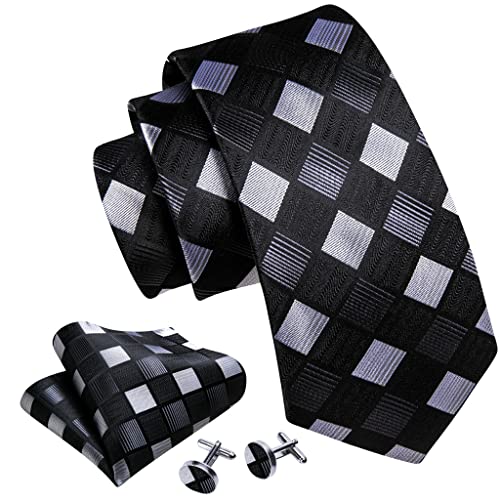 Corbata de Seda Negra y Blanca a Cuadros con Juego de Gemelos
