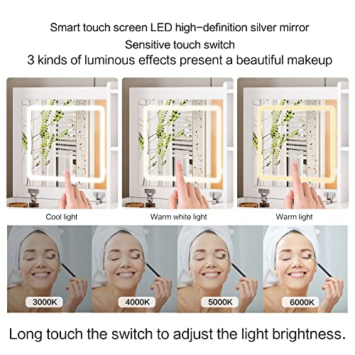 Ieejdn White Vanity Set With 3 Color Touch Screen Dimming Mirror Flip Top Mirror And Cushioned Stool, Makeup Dressing Table Writing Desk With 2 Drawers #TOP6