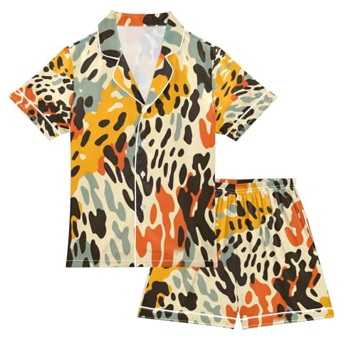 ALAZA Color Leopard Print Satin Pajamas Set Short Sleeve Button Down Sleepwear Summer Pjs 2 Piece