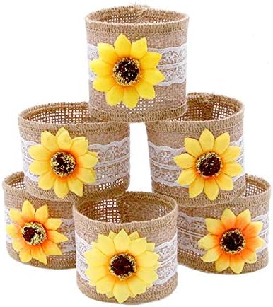 Fall Napkin Rings Set of 6, Flower Napkin Ring Holders Handmade by Burlap, Rustic Napkin Holders Sunflower Serviette Buckle Holder for Valentine's, Easter, Thanksgiving, Christmas, Wedding Decor