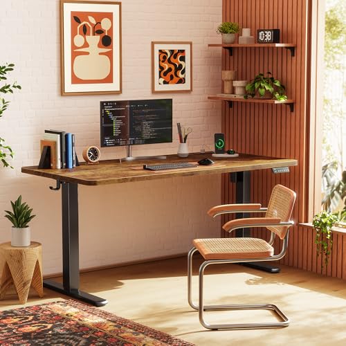 Image of Huuger Electric Standing Desk with Power Outlets and USB-C Port, 55 X 24 Inch Height Adjustable Desk, Sit Stand Desk for Home Office, Computer & Gaming Desk with 4 Presets, Rustic Brown