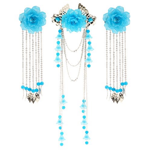 3 Pieces Costume Classic Flower Hair Clip Barrette Long Tassel for Hanfu COS Hair Ornaments - Lake Blue