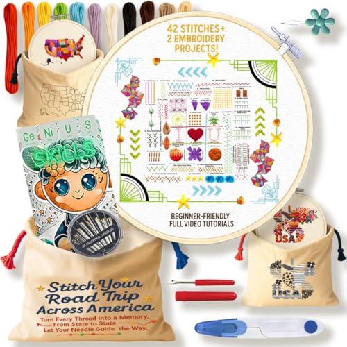 Beginners Embroidery Kit for Kids & Adults – DIY Set with 1 Printed Canvases, Bamboo Hoop, Tools & Threads – Learn 42 Stitches with QR Video Tutorials – Easy & Educational Gift - embroidery kit bag