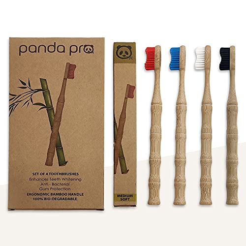 Natural Bamboo Toothbrushes (4 Pack) - Eco Friendly Gifts - Medium Soft BPA Free Anti-Bacterial Charcoal Infused Tapered Bristles - Teeth whitening - Biodegradable Ergonomic Wooden Handle