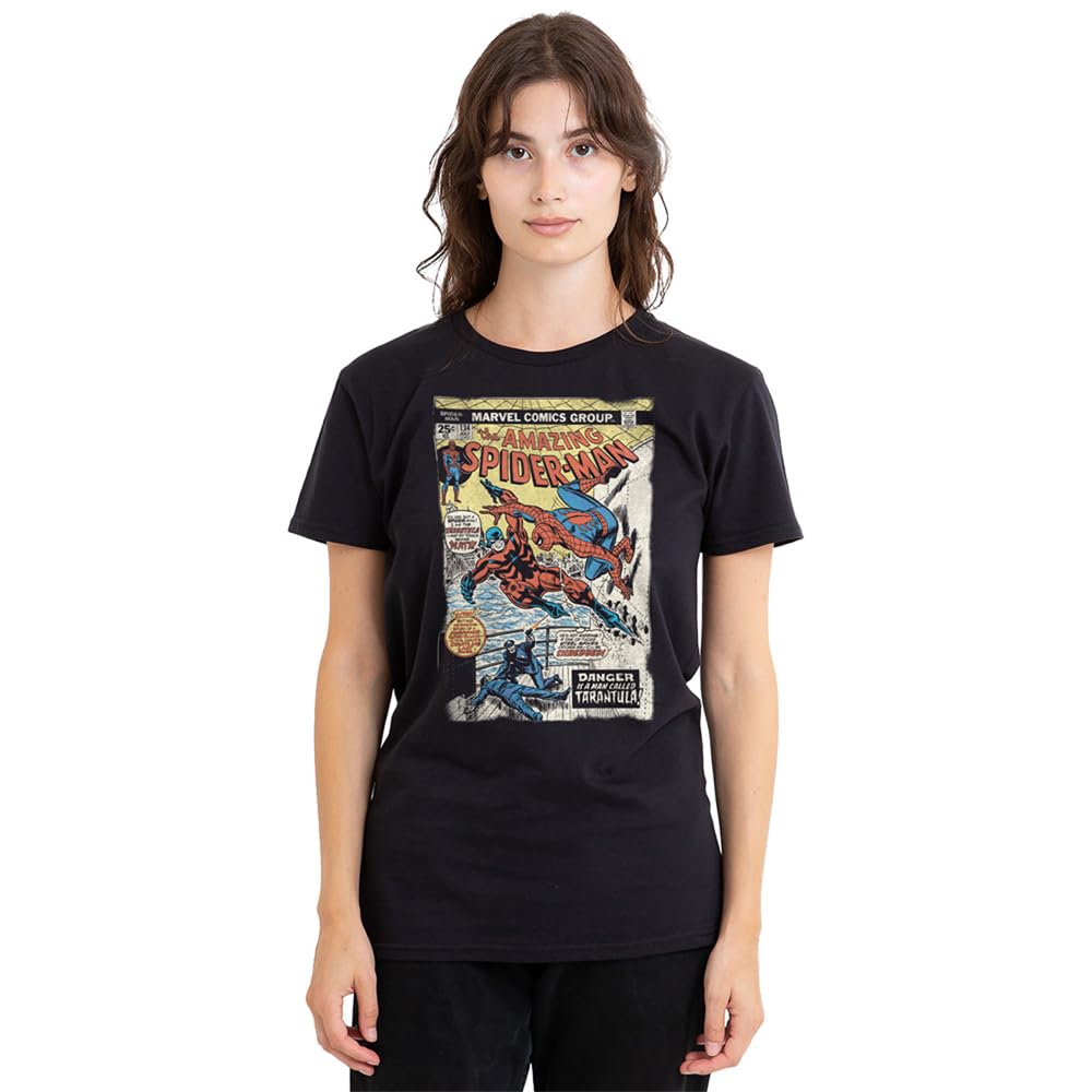 Marvel Spiderman Retro Tarantula Cover Ladies T Shirt, Black, Medium