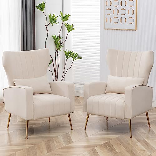 Accent Chairs Set of 2 Upholstered Velvet Modern Comfy Wingback Armchair for Living Room Bedroom Single Sofa Chair with Pillows Beige