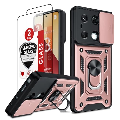 LeYi Funda para Xiaomi Redmi Note 13 Pro 4G/Poco M6 Pro 4G（No para 5G con [2-Unidades] Cristal Vidrio Templado, Carcasa Cubierta de cámara Deslizante Proteger Anillo Soporte Silicona Case, Rosa