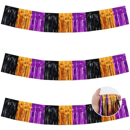 Image of BEISHIDA 3PK Black Orange Purple Foil Fringe Garland 30ft Tinsel Banner