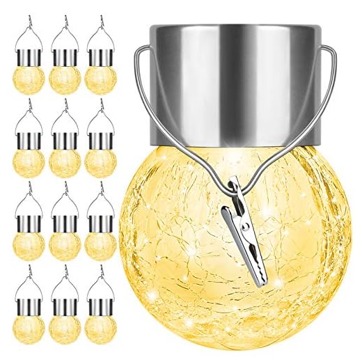 12Pack Hanging Outdoor Solar Lights - Decorative Cracked Glass LED Ball Lights Waterproof Tree Solar Powered Globe Lights with Handle for Garden Yard Patio Fence Christmas Decoration, Warm White