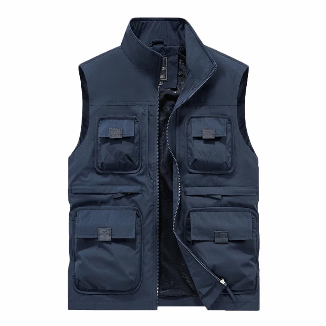 Gilet da uomo senza maniche per il tempo libero all'aperto con colletto in piedi molte tasche tinta unita sottile gilet