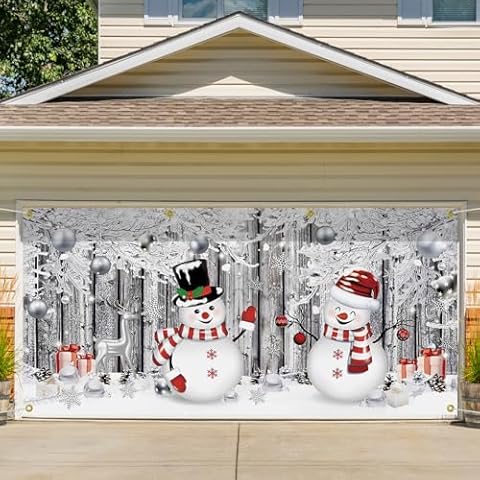 Lixure Garage Door Decoration 6 x 13ft Outdoor Winter Snowman Decoration Banner Garage Door Cover with 6 Brass Grommets Cover