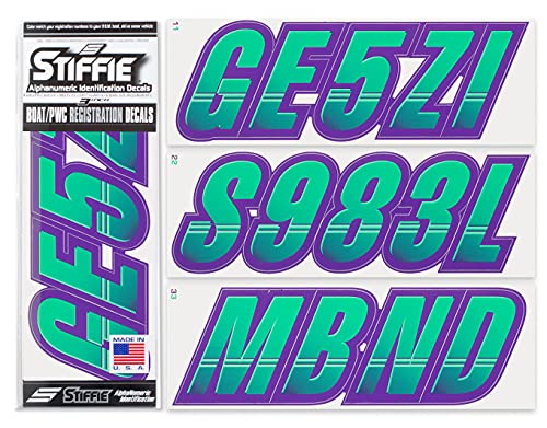 Image of STIFFIE Techtron Seafoam Green /Purple 3 inch Boat & PWC Registration Decals • Numbers Letters Stickers