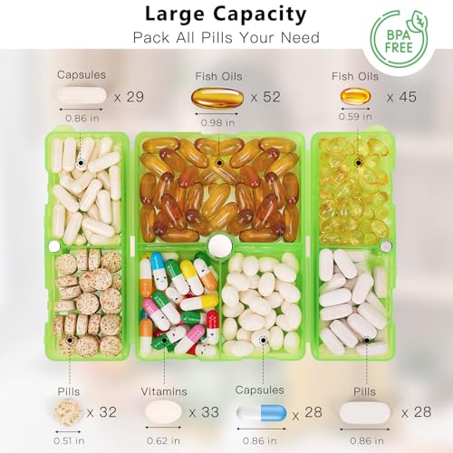 Image of FYY Travel Pill Organizer, 7 Compartments Large Pill Box Case-Clear Green