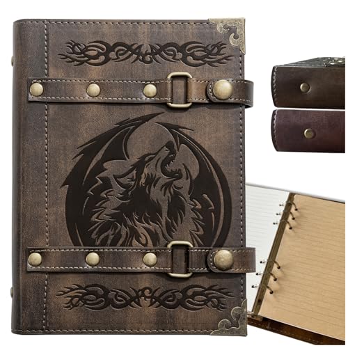DUROTAN DND Notebook Wolf Journal For Men Women - 400 pages Vintage Leather Notepad Notebook Diary D&d GM Gifts Dungeons And Dragons Accessories(7-Khaki-Wolf)