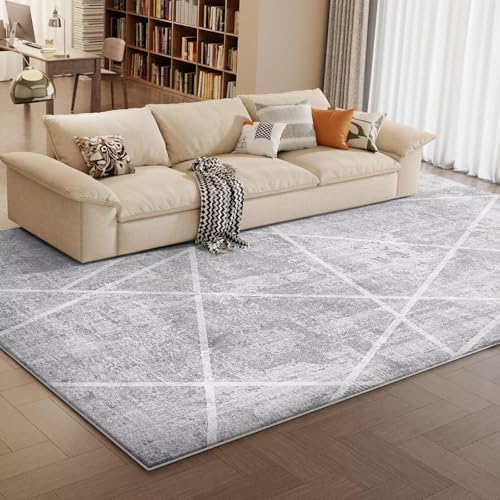 Vamcheer Modern Area Rug 4×6 – Upgraded 10mm Thick Sponge for Exceptional Comfort, Abstract Area Rug for Living Room/Bedroom/Office, Non-Shedding & Easy to Clean, Grey White Oblique Lines
