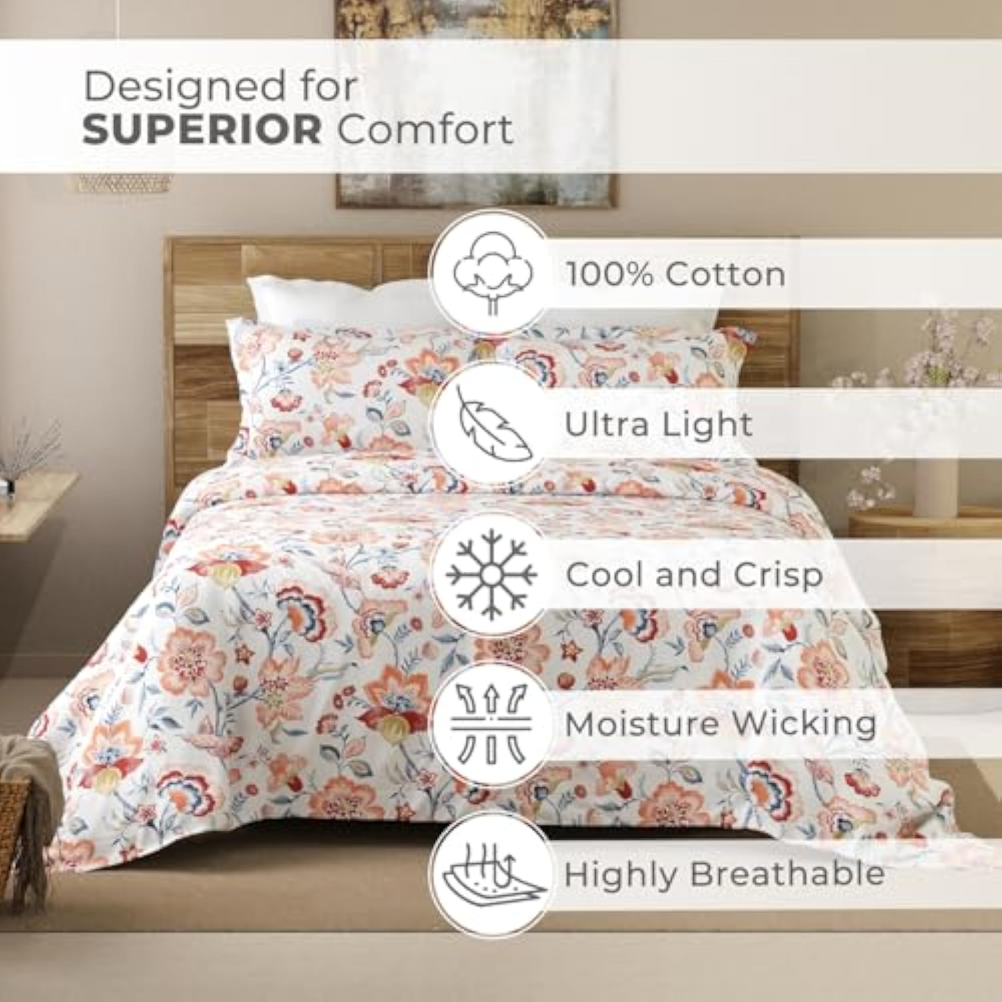 Bedsheet for Double Bed King Size 144 TC 100% Cotton Printed with 2 Pillow Covers