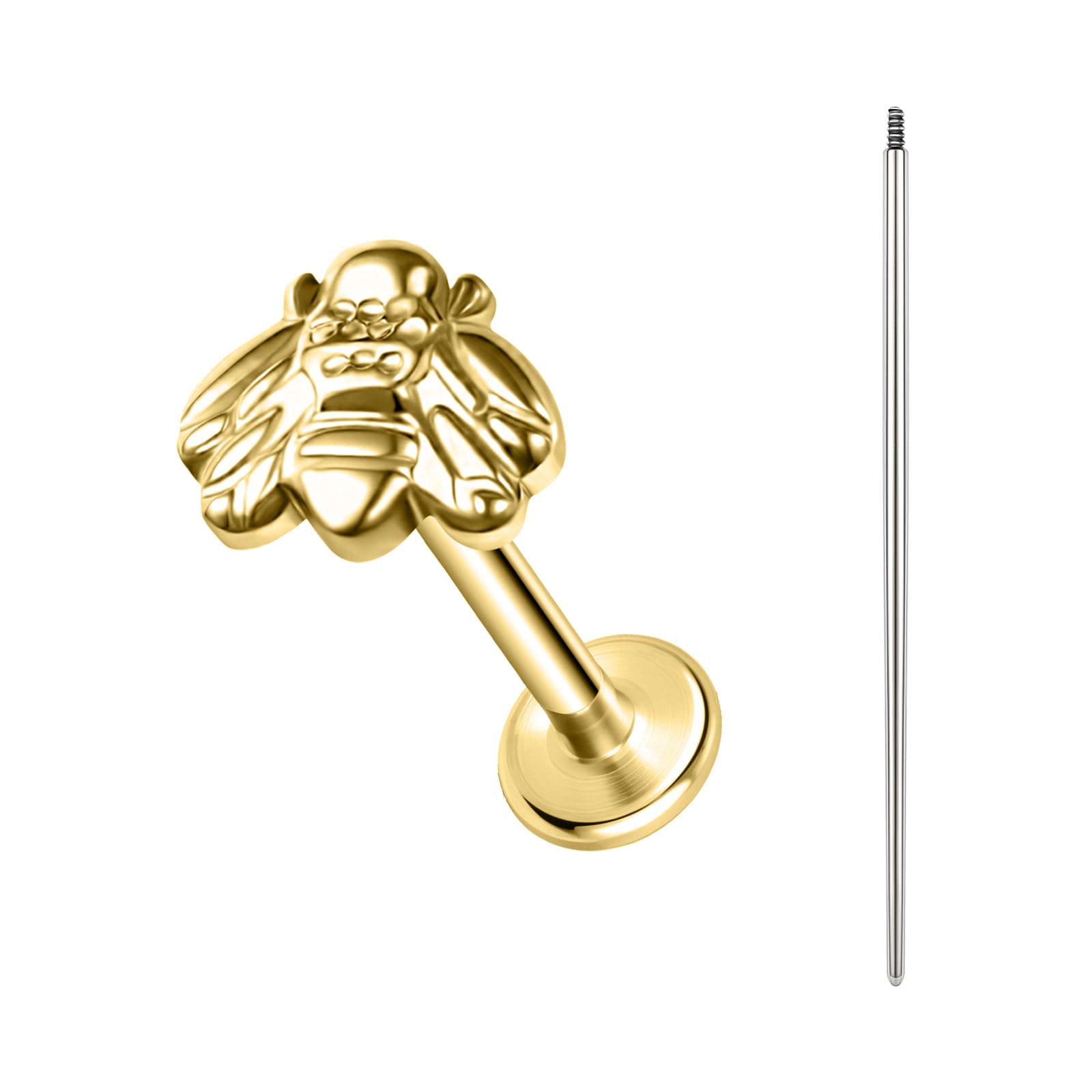 BodyAce Gold F136 Titanium Body Piercing Studs, Internally Threaded Flat Back Cartilage Earring Studs with Piercing Taper, 16G Labret Lip Ring Conch Tragus Stud