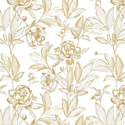 Reqfen Floral Peel and Stick Wallpaper White and Gold Vintage Floral Wallpaper Leaf Removable Self Adhesive Contact Paper for Cabinets and Walls Vinyl Rolls 78.7