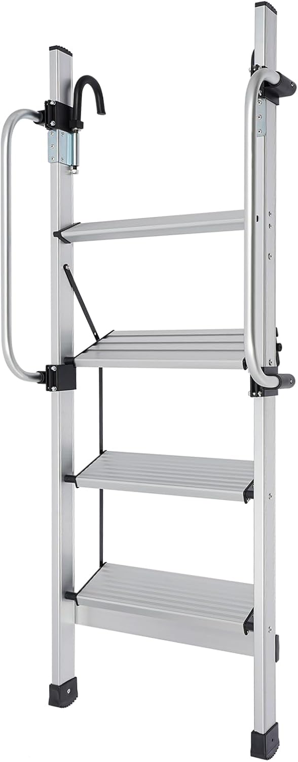 Aluminum Bunk Bed Ladder, 4 Step Ladder with Adjustable Handrails Hooks and Folding Wide Pedals, Foldable Hook-On Bunk Bed Ladder, Safety Climb Ladder for RV Camper Loft Truck Dorm Double Bed (4 Step)