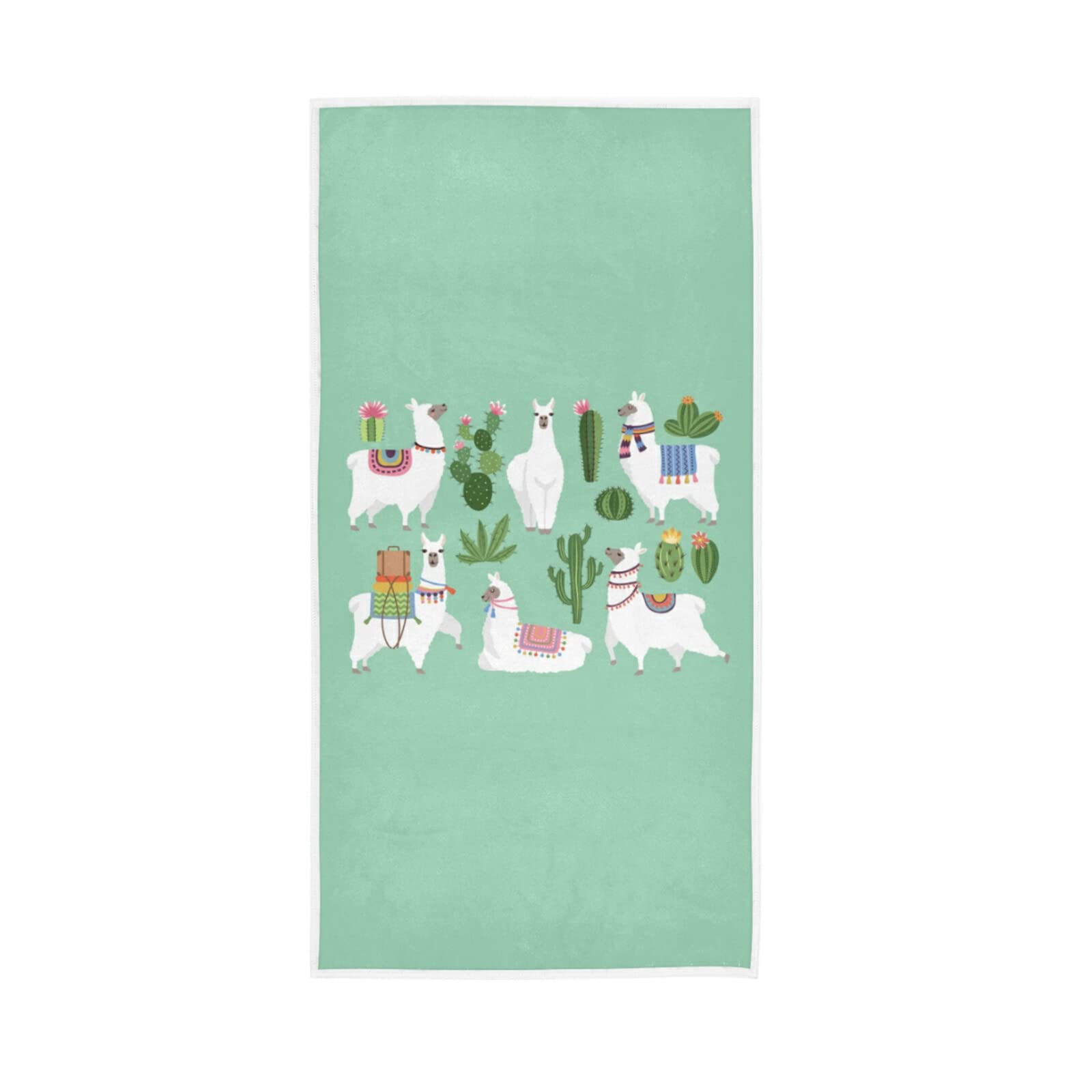 LSRCPD Tribal White Llama Alpaca with Ethnic Motifs, Green Cacti on Green Soft Hand Bath Towel 30" x 15" Thin Fast Drying Absorbent Soft Towels for Kitchen Gym Spa Hotel Beach
