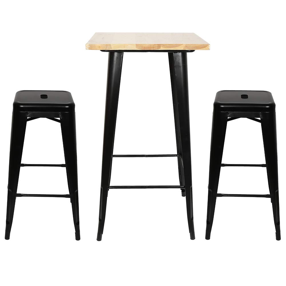 HUOLE Tabouret de Bar Industriel Lot de 2 Tabourets Haut Industriels 76cm Metal et Bois, Chaise de Bar Empilable pour Exterieur Interieur, Max. 150kg