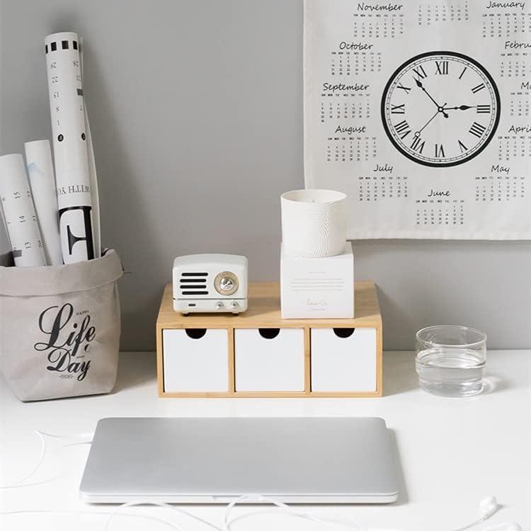 Bamboo Wood Desktop Storage Box with Double Drawers for Office and Dormitory Use/White/Three Drawers