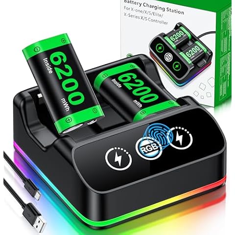 2X 6200mWh Xbox Controller Battery Pack RGB Rechargeable for Xbox One/Series S/X【RGB Xbox Charging Station】【Extended USB C Cable】 Xbox Battery Pack Rechargeable Stand for Xbox One/S/X/Series S/X Cover