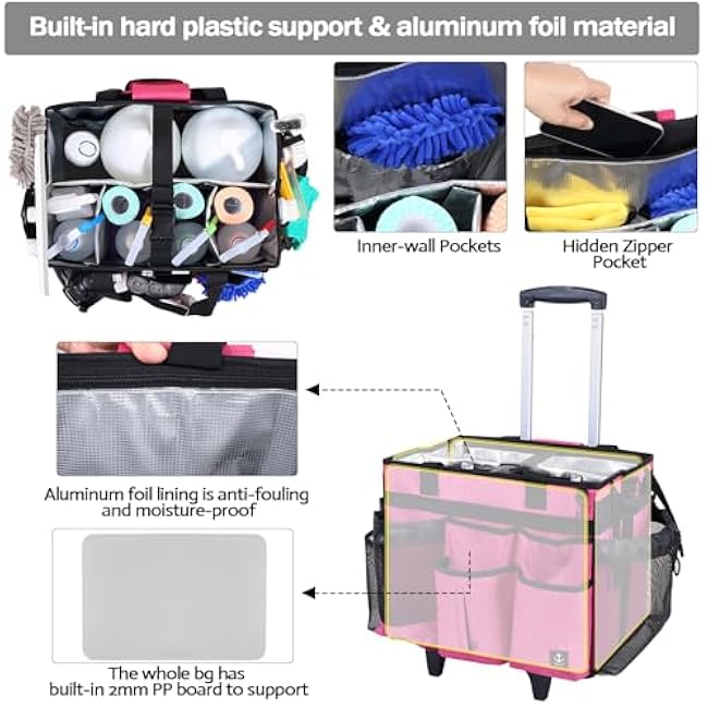 Extra Large Rolling Cleaning Caddy Bag with Detachable, Foldable Trolley Portable Cleaning Cart for Housekeeping Cleaning Caddy with Adjustable Shoulder Strap and Multiple Storage Pockets
