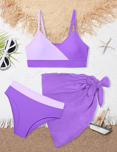 Image of Girls Swimsuit V Neck Bikini Set Color Block with Cover Up 3Pcs Bathing Suits