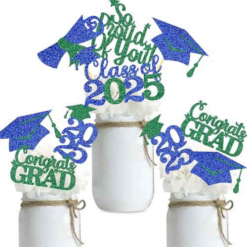 Double Sided Graduation Centerpiece 16PCS Congrats Grad Party Favors Glitter Table Top Supplies Blue Green