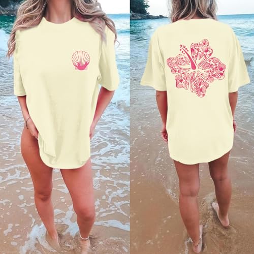 Image of Hawaiian T Shirts for Women Oversized Aesthetic Hibiscus Flower Beach Shirt Teens Preppy Tropical Graphic Tee Tops